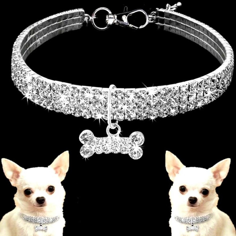 Rhinestone Dog Cat Necklace Collar Stretch Silver